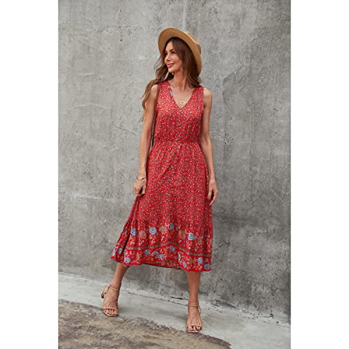 Image of BROVAVE Women Summer Bohemian Floral Print V Neck Sleeveless Sundress Flowy Casual Midi Dress