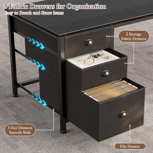 Image of Furologee 55 inch L Shaped Desk with Power Outlets & USB-C Port, Reversible Corner Computer Desk with File Drawers, Work Study Gaming Table for Home Office, Dorm, Black