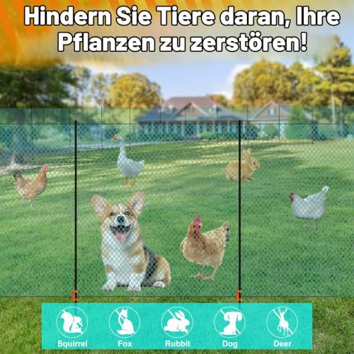 Mobiler Hühnerzaun, 15m 20m 30m 50mx 90cm Begrenzungszaun Geflügelzaun mit Engmaschiges Netz Barrier Fence Plug-In Fence Katzenzaun Gartenzaun für Hof Camping Haus, Grün (15M)