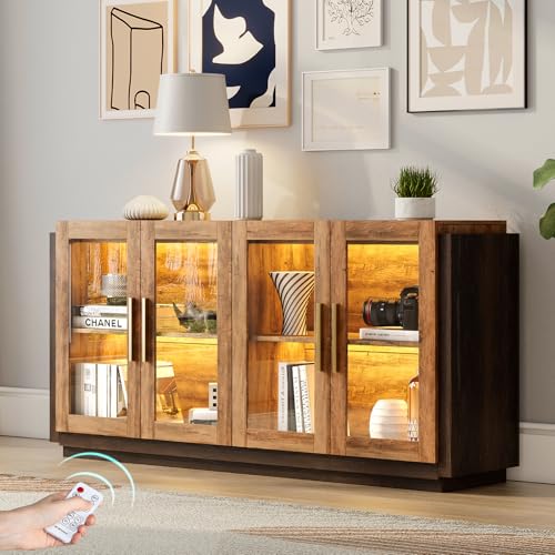 AMERLIFE Sideboard Buffet Cabinet Mixed Color Accent Cabinet with LED Lights Modern Glass Doors Storage Cabinet with Adjustable Shelf Console Table for Dining Living Room Barnwood and Brown