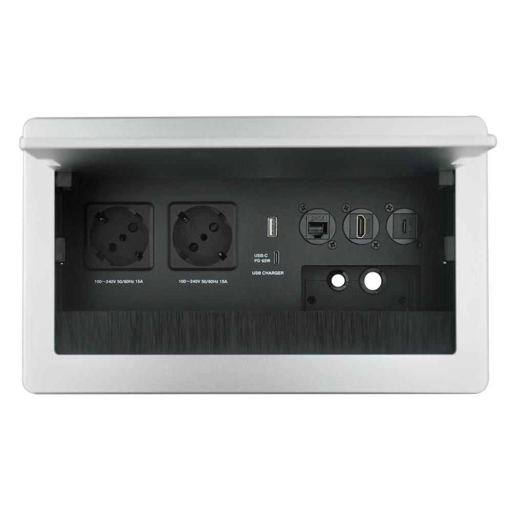Gniazdko stołowe, aluminiowa listwa zasilająca, 2 x gniazdo Schuko, 1 x ładowarka USB-A+C (PD 65 W), 1 x kabel CAT6, 1 x HDMI, 1 x USB-C, 1 x kabel zasilający 1,7 m, 4 x uchwyt kablowy, gniazdo