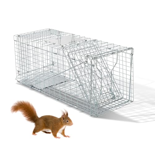 Outopee Live Animal Cage Trap Folding Humane Cat Trap with Handle for Rabbits Stray Cats Squirrels Raccoons Skunk Mole Groundhogs and Opossums 79 x 29 x 32 cm Silvery