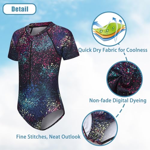 Image of Girls One Piece Rash Guard Swimsuits for Kids Girls Short Sleeve Bathing Suits with Front Zipper Swimwear 3-16 Years