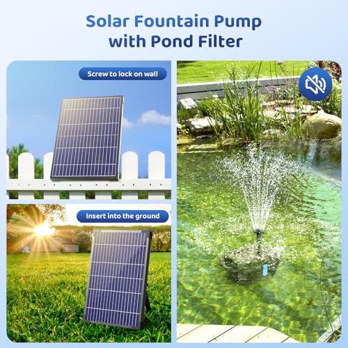 Image of Antfraer 12W Solar Fountain Pump & Pond Filter Kit - Integrated Filtration System with 4 Nozzles, 6.6FT PVC Tubing Pond Filter for Outdoor Ponds, Gardens, Waterfalls, Fountains
