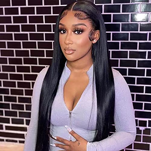 Straight Lace Front Human Hair Wig 20in T Part 13x4x1 Transparent Lace Front Wig Pre-Plucked with Baby Hair Natural Black Color Brazilian Virgin Middle Part Wig for Black Women 150% Density
