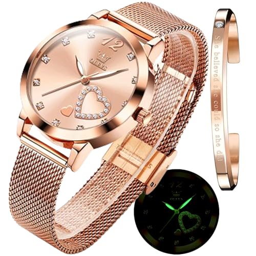 OLEVS Femmes Montres Coffret Cadeau avec Bracelet Or Rose Dames Minimaliste Simple léger Casual analogique Montre à Quartz imperméable à l'eau Deux Couleurs