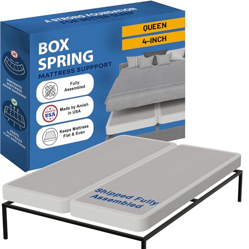 Greaton, Box Spring Bed Base Queen Size, 4-Inch Wood Amish Made in USA – Quiet Noise Free, 2-Pieces Under Mattress-Support BoxSpring, Fully Assembled, White, 4