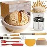 Banneton Bread Proofing Basket With 24Oz Starter Jar -Round Cotton Rope Rising Basket With Bread Knife, Dough Scraper, Cloth & Liners - Complete Gift Kit For Sourdough And Artisan Bread Making