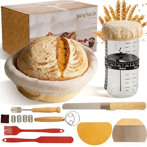 ASOBEAGE Sourdough Starter Kit – 11-Piece Artisan Bread Making Set with Bread Knife, 9" Banneton Basket with Liner, Glass Starter Jar, Dough Whisk & Scrapers for Novice Bakers