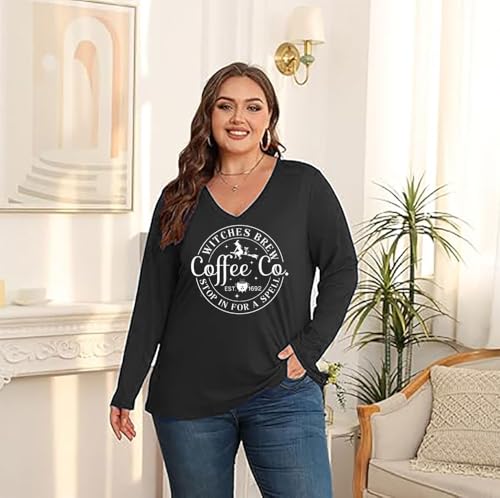 Plus Size Women Halloween Tee Shirt Pumpkin Face Long Sleeve Tee Tops Coffee Letter Print Gift T-Shirt3