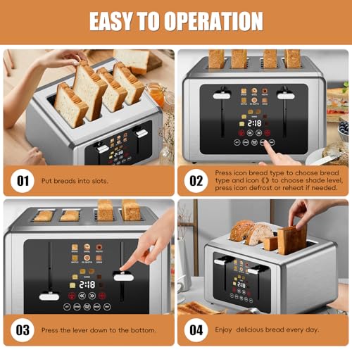 Image of Touch screen Toaster 4 slice,Smart Digital Timer Toasters with Sound&Screen-Off Function, 6 Bread Types & 6 Shade Settings, 1.5''Extra Wide Slots Toast with Bagel, Defrost,White