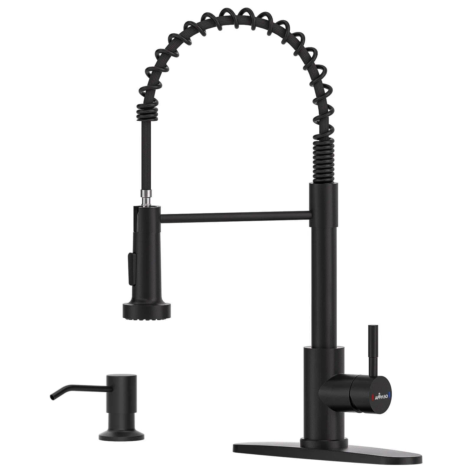 Black Kitchen Faucet with Soap Dispenser and Pull Down Sprayer, Lead-Free SUS304 Stainless Steel Commercial Single-Handle Spring Faucet for Kitchen Sink, Matte Black (cUPC-Certified Parts)