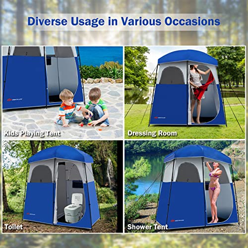 Goplus tienda de ducha de 2 habitaciones, portátil para camping con desagüe en el suelo, cubierta de lluvia desmontable, estacas y cuerdas, protección UV, resistente al agua, privacidad para baño exterior y vestidor (Azul) miniatura 5