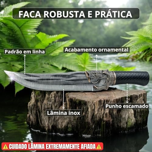 Faca Tática Dragão com Lâmina Inox Afiada e Bainha de Couro Resistente, Cabo Ergonômico Escamado, De