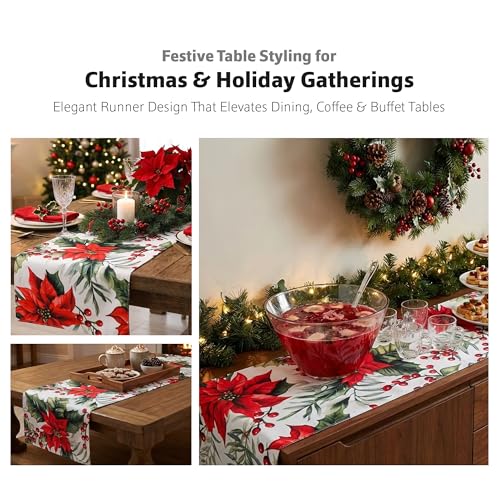 Image of 135 cm Dining Table Runner - Red Flower Chritmas Magic Theme,Digital Print, Washable, Indoor /Outdoor, Heat-Proof, Wipe & Clean (135X33 cm) Red & Green