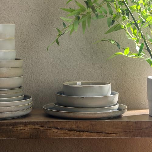 Image of Gibson Elite Sunveil 16 Piece (Service for 4) Plates and Bowls Reactive Glaze Round Dishes Stoneware Ceramic Dinnerware Set -Blue