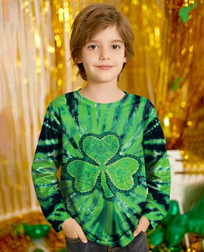 Image of Unisex Kids St. Patrick's Tie Dye Irish Clover Long Sleeve Shirt Shamrock Green Sweatshirt 6-14 Years