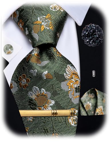 Image of YourTies Silk Paisley Floral Tie and Pocket Square Cufflinks with Lapel Pin Sets for Men 5PC Wedding Party