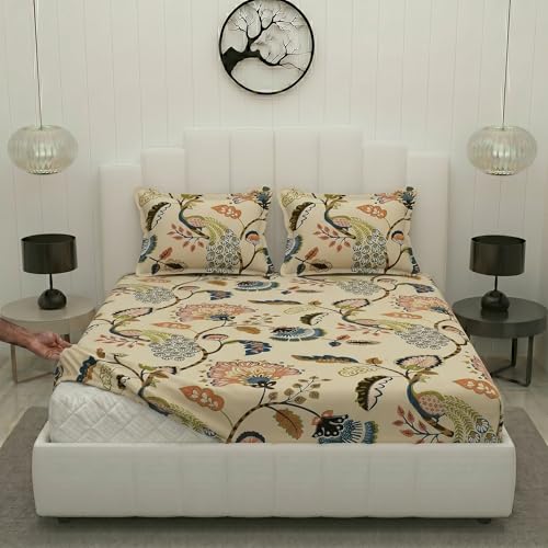 Image of Filymore Peacock Anokhi Print Double Fitted Bedsheet with 2 Pillow Covers | 240 TC Soft Microfiber Elastic Fitted Bed Sheet for Double Bed (72 x 72 Inch Cream, Red & Blue)