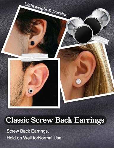 Pendientes oreja tornillo que no se caen con studs estables de acero negro mate y plata de 8mm 4