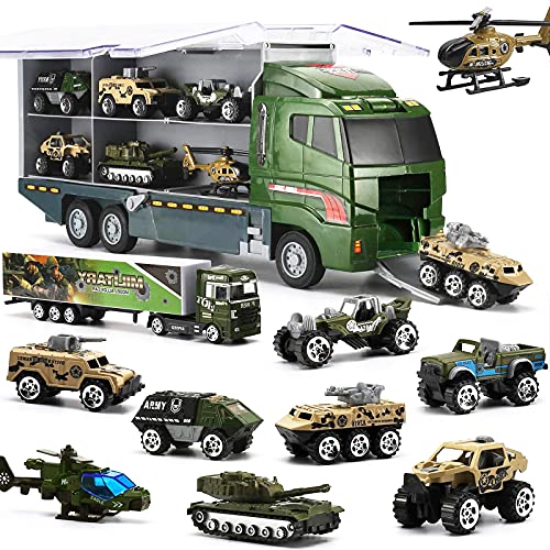 Joyfia 11-in-1 Militär-LKW Druckguss für Jungen, Transportfahrzeug-Set für Cargo-Fahrzeuge, Armee-Auto in einem Lastwagen, Geschenk für Kinder ab 3 Jahren Cover