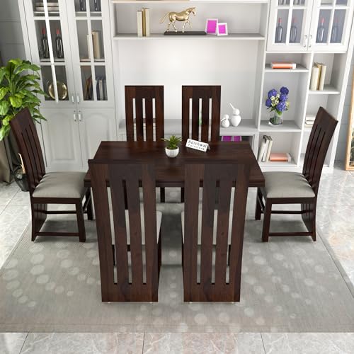 Image of Solid Sheesham Wood 6 Seater Dining Table Set with Cushioned Chairs for Dining Room | Living Room | Home & Office | Hotels Restaurant & Cafe (6 Seater, Walnut H)