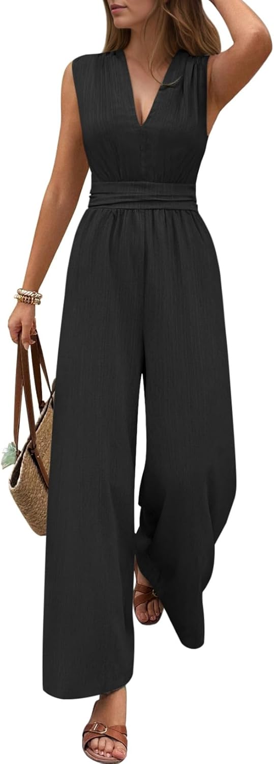 Pink Queen Jumpsuits for Women Dressy Sleeveless V Neck Wide Leg Pants Romper Casual Vacation Outfits