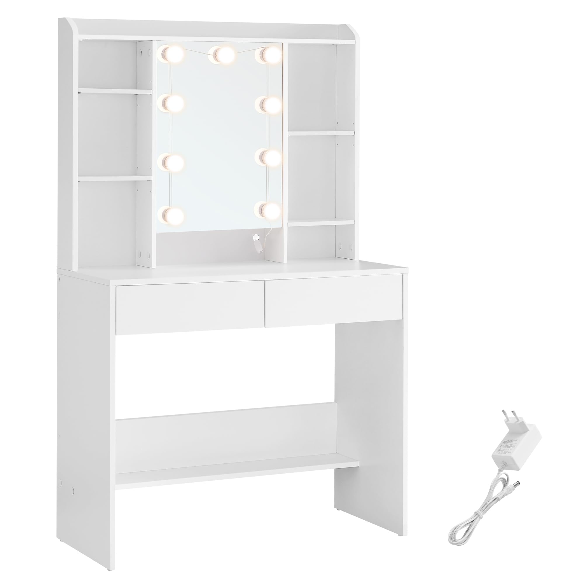 VASAGLE Tocador con 9 Luces LED 3 Tonos y Brillo Ajustable, Mesa de Maquillaje con Espejo, 9 Bombillas, Estantes Ajustables, 2 Cajones, Tocador Moderno, Blanco Nube RDT126W01