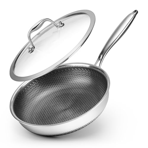 10.5 inch Frying Pan Nonstick with Lid, 2.5 Qt Deep Non Stick Stainless Steel Sauté Pan Skillet, Dishwasher and Oven Safe, Compatible with All Cooktops