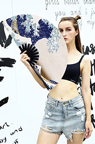 Amajiji Large Folding Fan, Chinease/Japanese Bamboo And Nylon-Cloth Folding Hand Fan, Hand Folding Fans For Women/Men, Hand Fan Festival Fan Gift Fan Folding Fan Dance Fan (Sea Ｗave) #TOP3