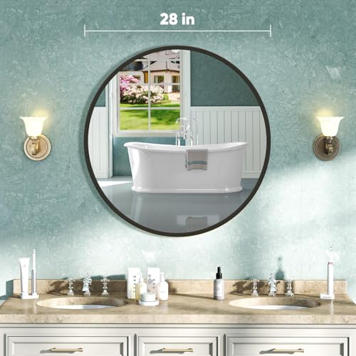 Image of NEWBULIG Round Bathroom Mirror for Over Sink, 28 Inch Wall Mount Vanity Circle Mirror with Matte Metal Framed, Decor for Bathroom, Entryway, Bedroom, Black