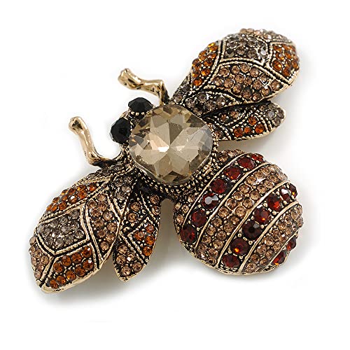 Broche abeille en cristal vintage marron et or vieilli de 60 mm pour costume