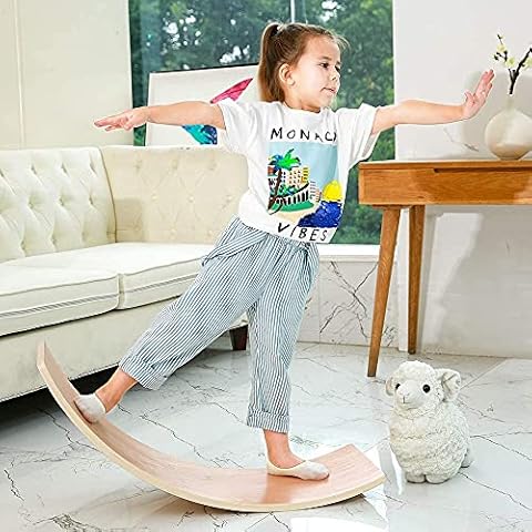 MYOYAY Wooden Balance Board Rocker Wobble Board for Kids, 35 Inch Balance Board Kids Wobble Toys Curvy Yoga Boards Montessori Plank Suitable for Children over 3 Years Old for Balance, Play, Exercise Cover