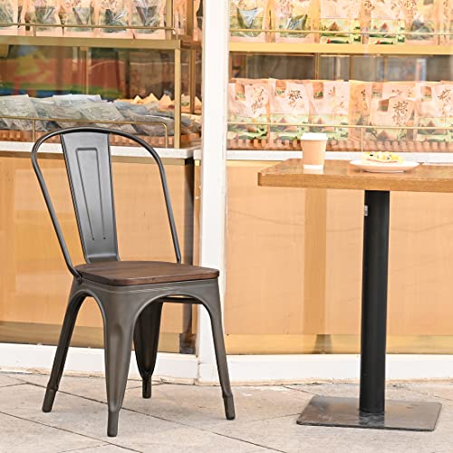 H Jinhui Metal Dining Chairs With Wooden Seat Stackable High Back Trattoria Chair Chic Dining Bistro Cafe Side Metal Chairs Set Of 4 Bronze #TOP1