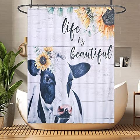 Moslovstar Farmhouse Milk Cow Shower Curtain Farm Sunflower Rustic Wooden Board Bath Curtain Country Style Bathroom Decor with Hooks, 72 by 72 Inch Cover