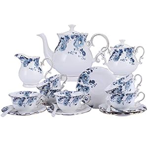 fanquare 21 stuks Blue Rose Britse Afternoon Tea Set, Romantisch Bruiloft Verjaardagscadeau Theeservies, Porselein Koffie Set voor Volwassenen