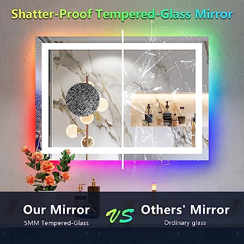 Image of 24x32 Inch RGB LED Bathroom Mirror Front Light and RGB Backlit Lighted Vanity Mirror for Bathroom Wall Mounted Dimmable Anti Fog Memory Shatter-Proof IP54 Waterproof Horizontal /Vertical