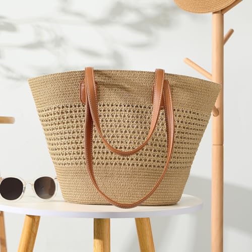 Image of Trifabricy Beach Bags for Women, Woven Straw Tote Bags,Large Beach Bag, Weaving Swim Shopping Travel Bag Waterproof