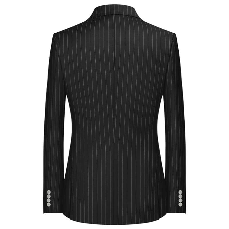 HBDesign Men's Double-Breasted Peak Lapel Six-Button Black Striped Suit Jacket with Two Right-Side Pockets2