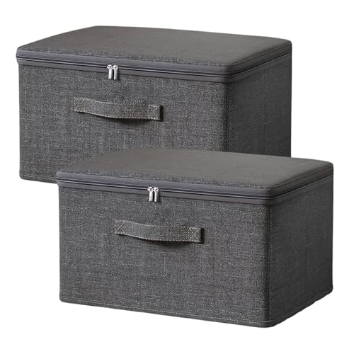 Exquilnova 2 Stück Aufbewahrungsbox mit Deckel Stoff, stapelbare Faltbox mit Reißverschluss, Kisten Aufbewahrung mit Deckel mit Griff für Bettdecken, Kleidung (L:40 x 30 x 21 cm)