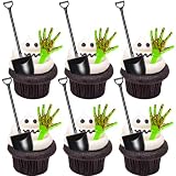 Ephlyn 48Pcs Halloween Skeleton Zombie Hand Cupcake Toppers Shovel Spoons Cupcake Picks Halloween Cake Decorations for Horror Theme Birthday Party Decorations Green Black