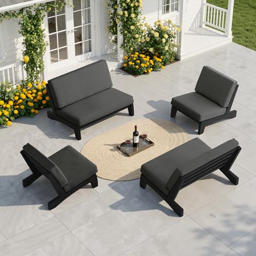Image of Pia Ricoo 4 Piece Patio Furniture Sets, Outdoor Furniture with 2 Chairs & Coffee Table, Patio Conversation Set for Backyard, Deck, Lawn, Drak, Dark Wood