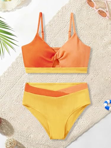 Image of Girls Swimsuit Color Block Twist Bathing Bikini Suit Adjustable Straps Girls 2 Piece Swimsuit 7-14 Years
