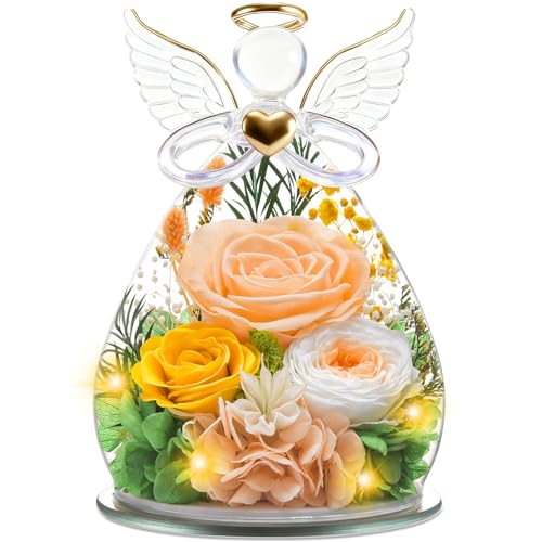 YiHuaHua Regalos Navidad de Angel para Mamá Ella, Rosa Eterna en Cúpula de Cristal de Angel Flores Preservadas, Eterna Regalos Navidad Mama Abuela San Valentín Dia De la Madre Aniversario Pareja