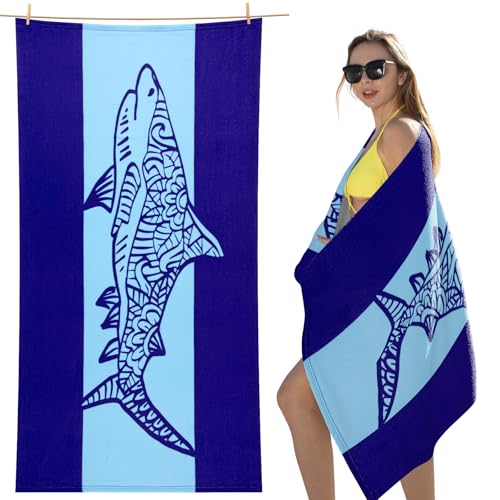 cabanana Sand Free Beach Towel - Large Oversized Beach Towel Sandproof 70x35 Big Microfiber Quick Dry Pool Towel, Thin Lightweight Compact for Travel Swimming Bath for Adults Women Men (Shark)