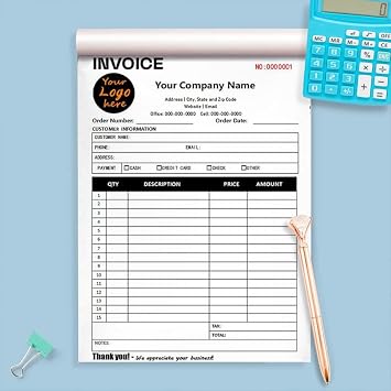 Custom Invoice Book for Small Business, Receipt Book with Carbon Copies, Personalized 2 Part/3Part Carbonless Order Form, Add Company Name (#2 Invoice 1, 2 Part[White/Yellow])