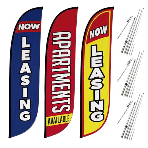 LookOurWay Real Estate Themed Feather Flag Pole Kit 3-Pack - 12 Feet Tall Now Leasing Advertising Flags with 3 Banners 3 Pole Sets and 3 Ground Spikes (Now Leasing Blue Apartments Available Now Yellow)