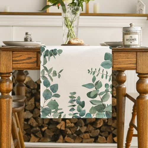 Artoid Mode Eucalyptus Leaves Summer Table Runner, Seasonal Spring Kitchen Dining Table Decoration for Home Party Decor 40x180 cm, Green - Image 3
