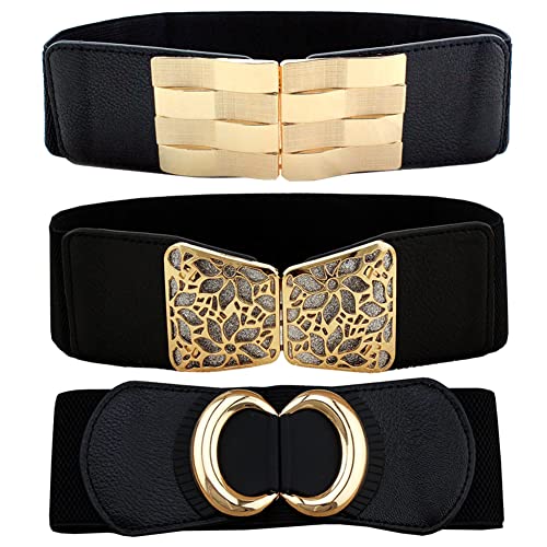 OuLi Store-Lot de 3PCS Ceinture Femme Fine Élastique Chaîne Extensible Ceinture de Feuille pour Robe Jeans Ceinture pour femme (Noir 3) Cover