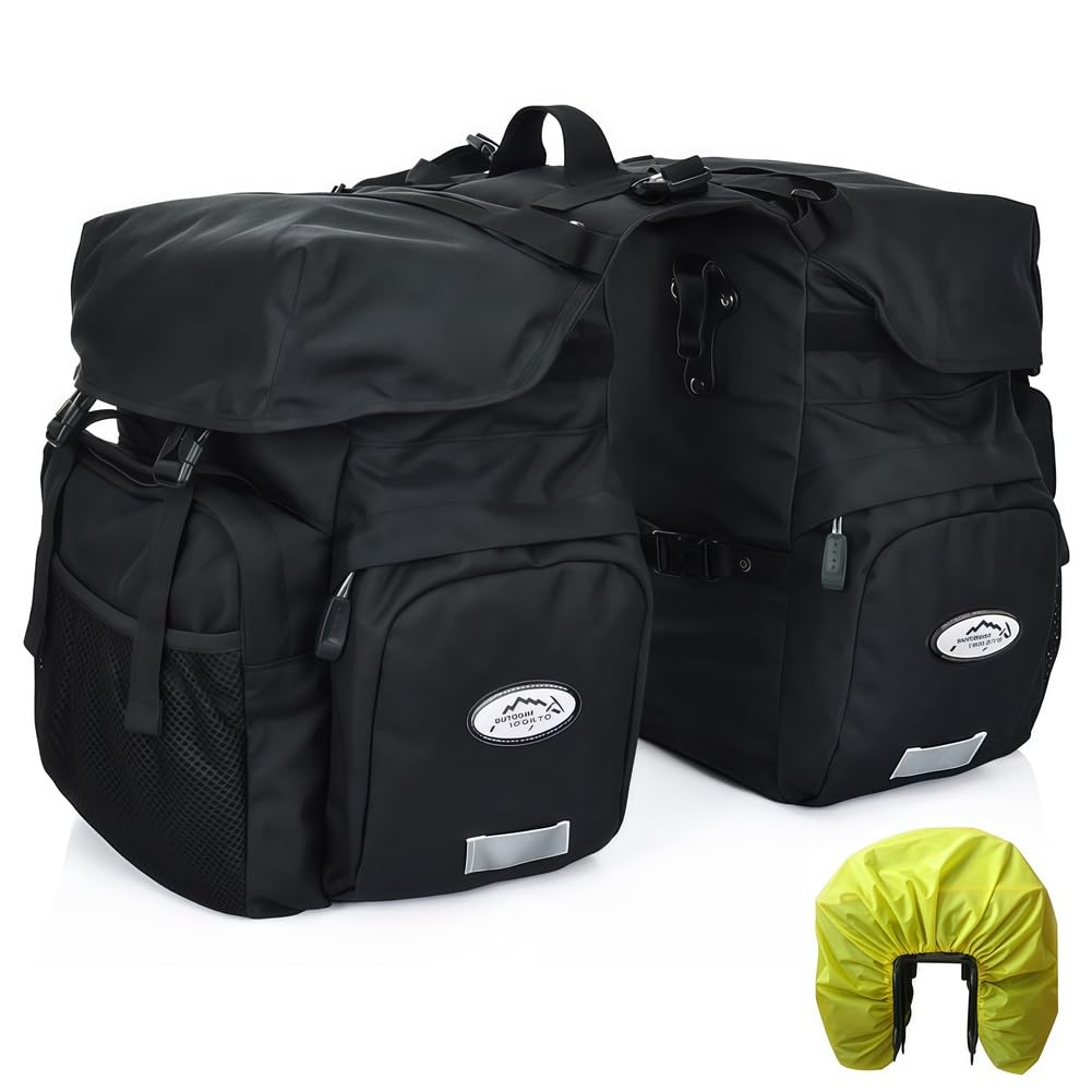 Sacoche Vélo Porte Bagage Arrière Imperméable, 50L Sacoche de Vélo Arrière avec Couverture, Réfléchissante, 600D Polyester, Double Vélo Sacoches pour Porte pour VTT, Électrique,Noir